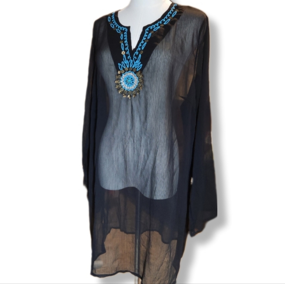 Blue Island Black Sheer Coverup with Blue, Gold, and Copper Bead Detail 1X